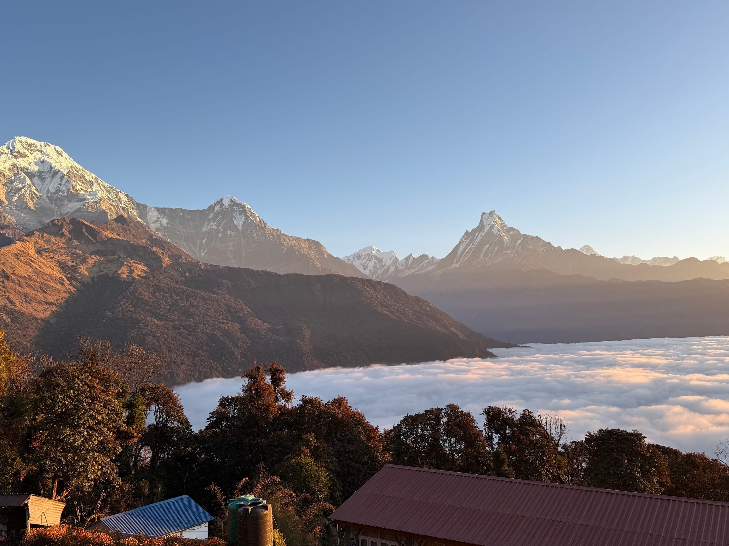 The same alpenglow sunrise, tighter framing on the peak lit rose-gold above the clouds